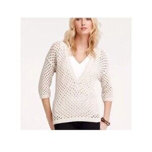 Ann Taylor LOFT Womens Sweater Ivory Chunky Knit Hoodie Long Sleeve Beach Large